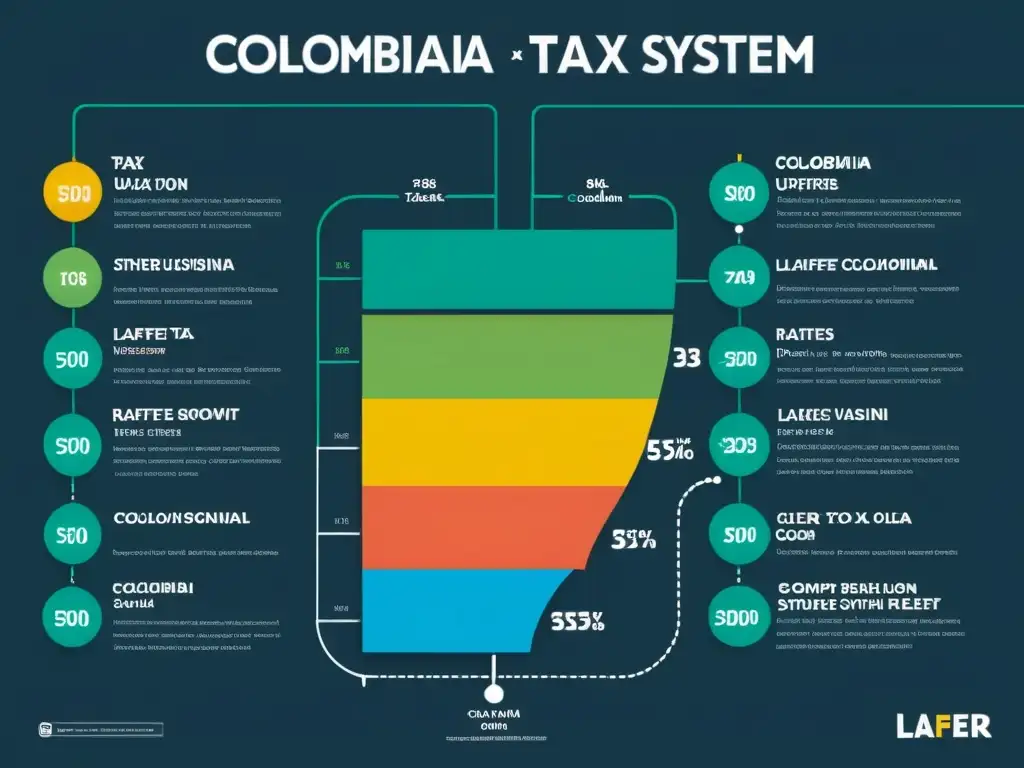 Flujo detallado del sistema tributario colombiano en 8k Detalle de la moderna y elegante Curva de Laffer en el sistema tributario colombiano, con gráficos claros y precisos