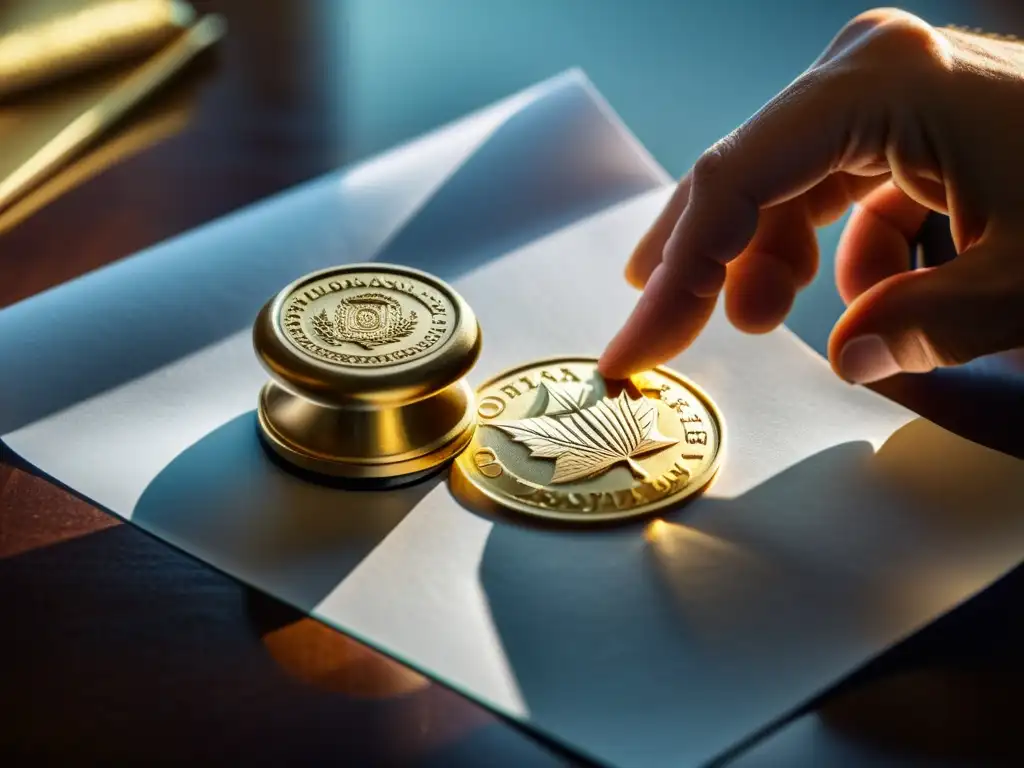 Sello de notario dorado en acción: detalle y profesionalismo Detalle de sello notarial dorado estampando documento, con textura del papel y sombras sutiles