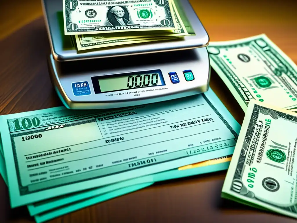 Equilibrio preciso: dinero y formularios fiscales detallados Detalle ultrarrealista de una balanza con dinero y formularios fiscales, destacando la no confiscatoriedad en impuestos