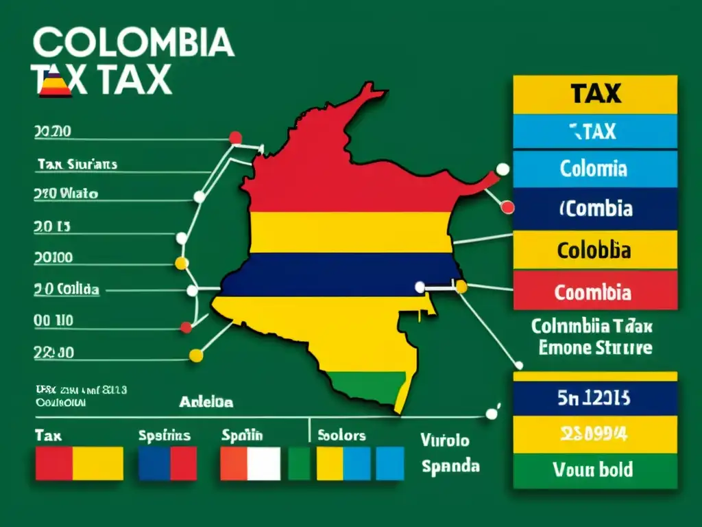 Estructura tributaria de Colombia: gráficos detallados y vibrantes Detalle visual de la estructura impositiva en Colombia, con gráficos e información detallada en español
