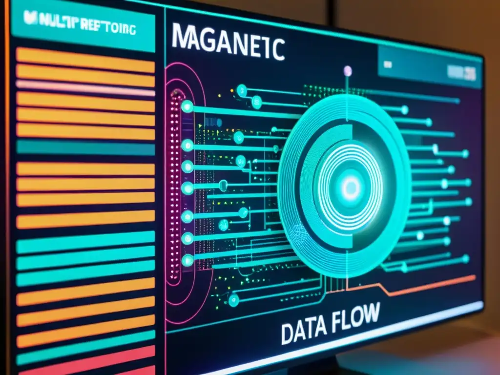 Diagrama de flujo de datos magnéticos: futurista y detallado Un diagrama complejo de flujo de datos en pantalla, con estética futurista