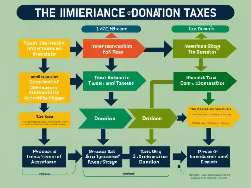 Flujo detallado de impuestos de herencia y donación Diagrama detallado de impuestos de herencias y donaciones, con colores, texto explicativo y claridad en la información