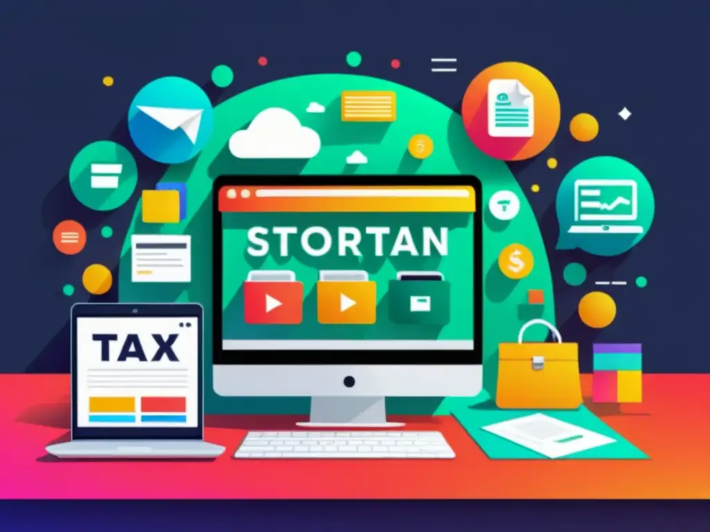 Implicaciones fiscales en el comercio digital Una ilustración digital moderna de una tienda virtual con productos digitales en exhibición, rodeada de documentos financieros y formularios de impuestos, simbolizando los desafíos fiscales del comercio electrónico