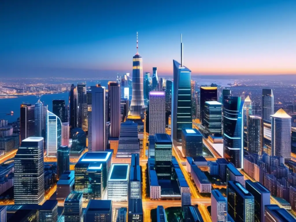 Metrópolis futurista: sistemas digitales en la economía moderna Tributación en la economía digital: vista nocturna de una ciudad futurista, con rascacielos iluminados y redes de datos interconectadas