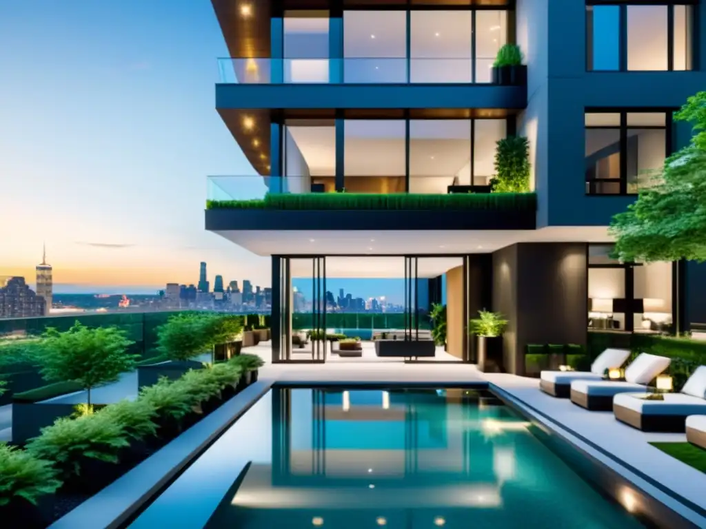 Edificio de lujo con piscina en la azotea y diseño moderno Edificio de apartamentos de lujo con diseño arquitectónico moderno, piscina en la azotea y vistas a la ciudad