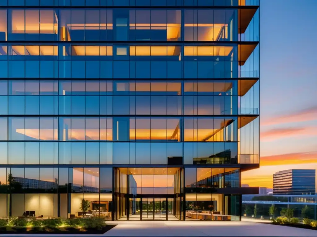 Edificio corporativo moderno al atardecer: eficiencia y sofisticación Edificio corporativo moderno reflejando el atardecer, simbolizando la importancia de una estructura societaria eficiente para reducción de impuestos