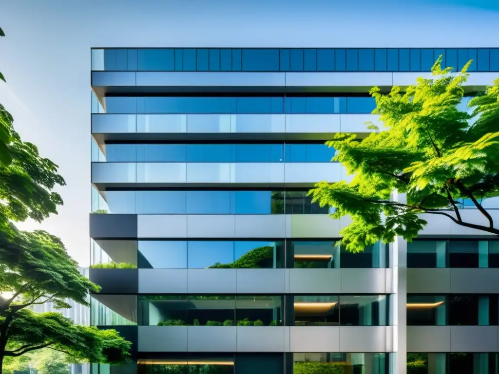 Edificio corporativo moderno con reflejos de luz Edificio corporativo moderno y elegante, reflejos de luz en la fachada