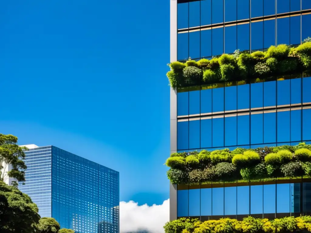 Edificio corporativo en Bogotá con jardines verticales y skyline reflejado Edificio corporativo moderno en Bogotá, Colombia, con jardines verticales exuberantes y un cielo azul claro de fondo