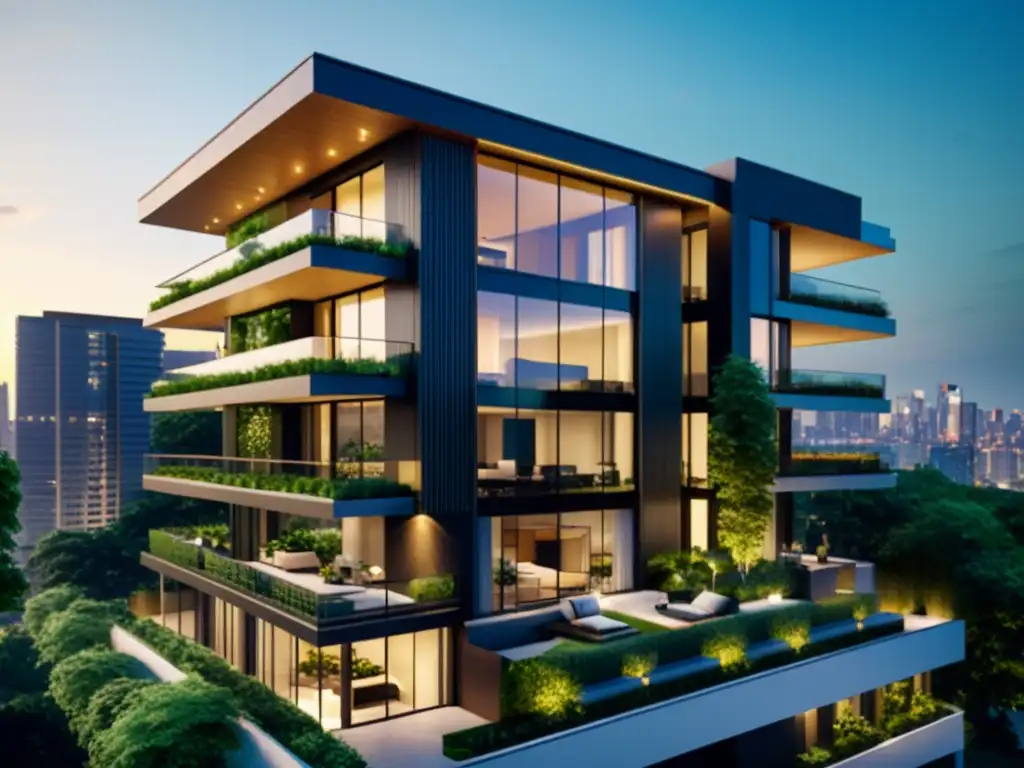 Edificio moderno de lujo con vistas urbanas y jardines exuberantes Edificio moderno de apartamentos con diseño minimalista, rodeado de vegetación y con vista a la ciudad