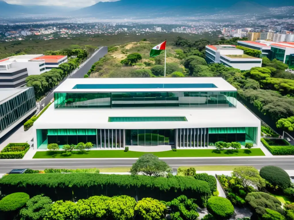 Edificio moderno del SAT en Ciudad de México Edificio moderno de SAT en la Ciudad de México rodeado de vegetación exuberante, con la bandera de México ondeando