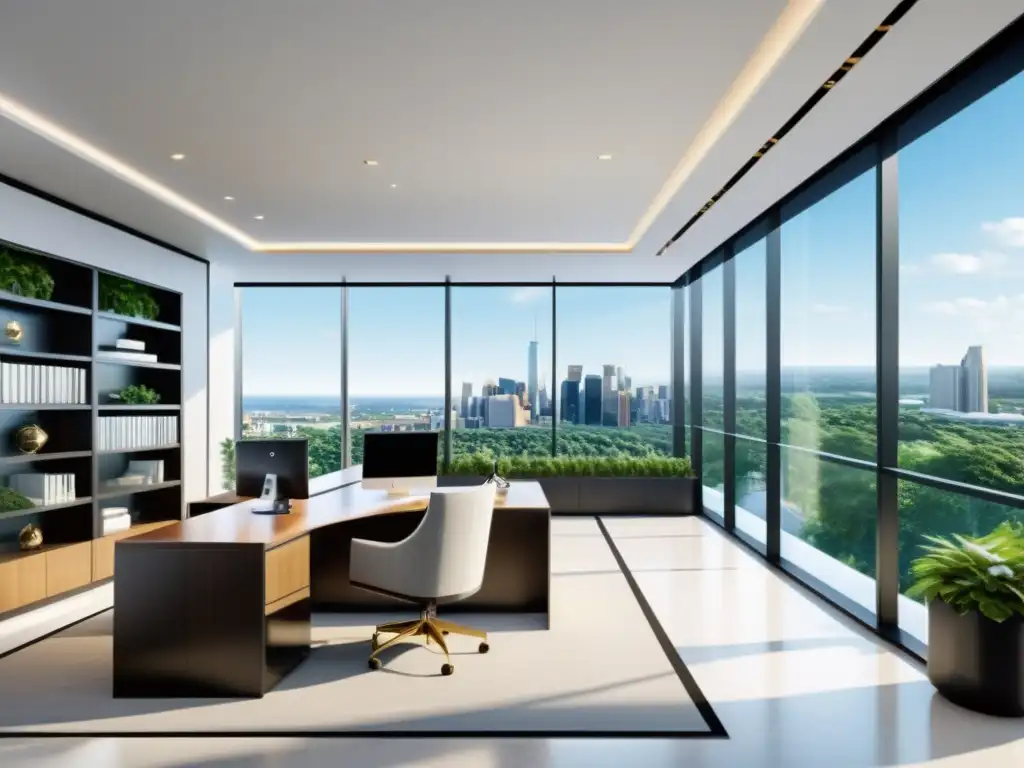 Edificio de oficinas moderno y lujoso con diseño minimalista y terraza panorámica Edificio moderno con diseño minimalista y terraza en la azotea, rodeado de vegetación, ideal para empresas inmobiliarias con beneficios fiscales