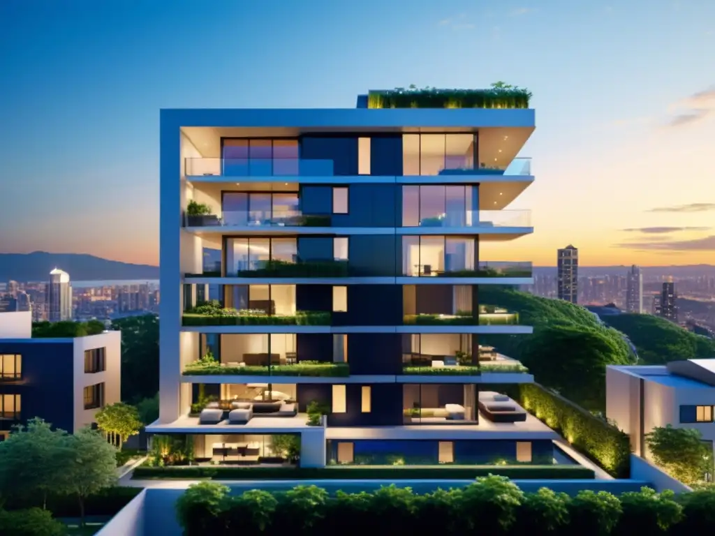 Edificio de apartamentos moderno y lujoso con vista a la ciudad Edificio moderno de lujo con diseño contemporáneo, ventanales y terraza en la azotea, rodeado de vegetación, con vista a la ciudad