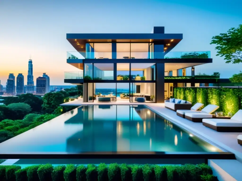 Inversión inmobiliaria de lujo con vistas a la ciudad Edificio moderno de lujo con piscina en la azotea y vista a la ciudad
