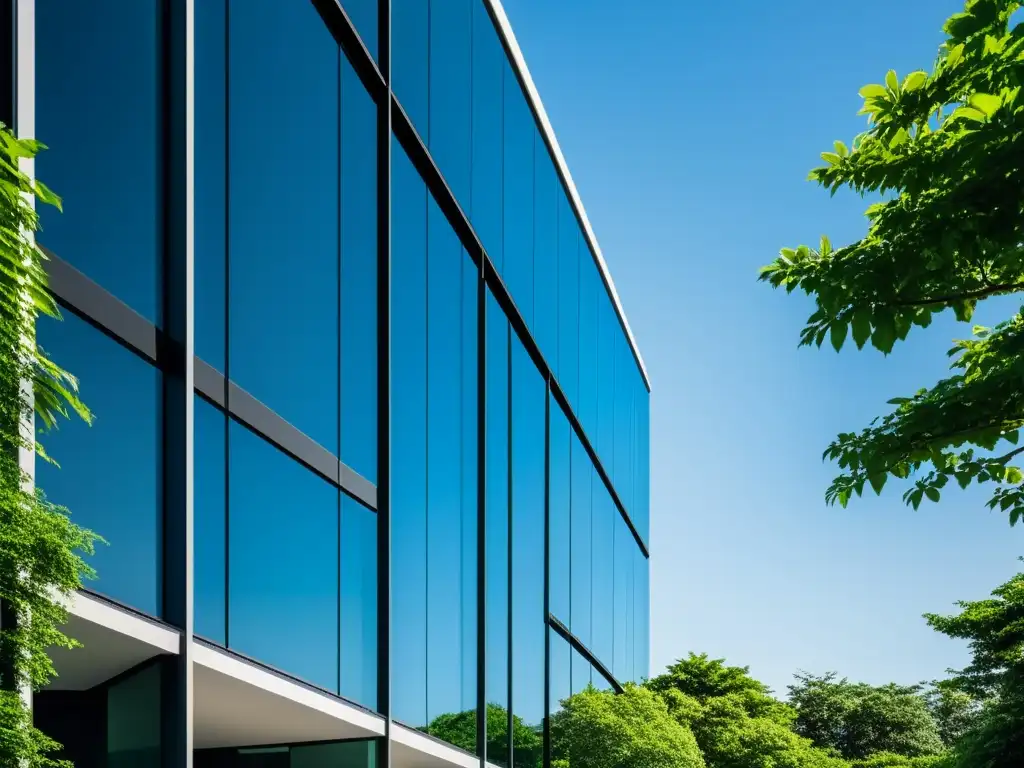 Edificio de oficinas moderno rodeado de naturaleza y éxito Un edificio de oficinas moderno y elegante con paredes de vidrio, rodeado de exuberante vegetación y un cielo azul claro