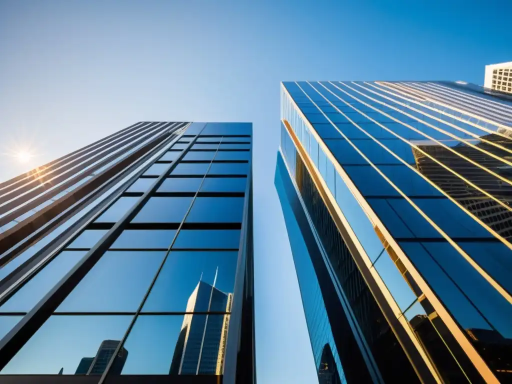 Edificio de oficinas moderno: sofisticación urbana Un edificio de oficinas moderno y elegante con paredes de vidrio, destacando en un vibrante paisaje urbano