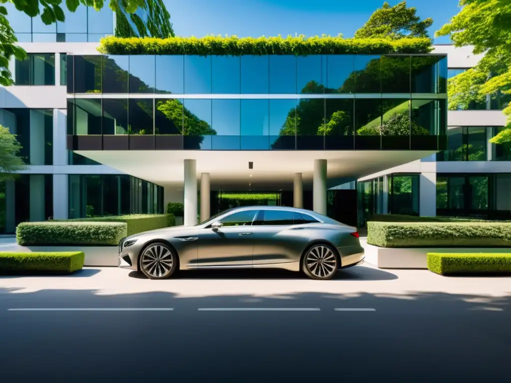 Edificio de oficinas de lujo: modernidad y éxito en la gestión inmobiliaria Un edificio de oficinas moderno y lujoso con jardines meticulosamente cuidados y una fachada reflectante