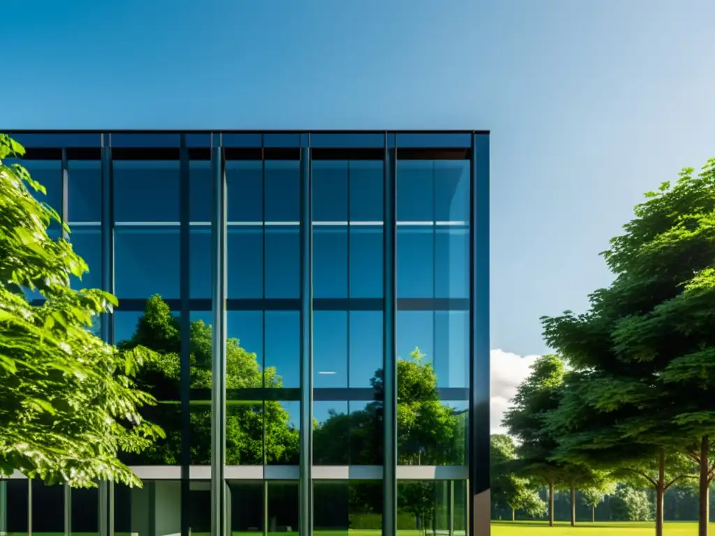 Edificio de oficinas de cristal transparente en medio de la naturaleza Un edificio de oficinas moderno y transparente con reflejos de luz solar, rodeado de vegetación y cielo azul