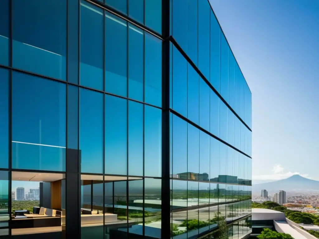 Edificio corporativo moderno en México: fusión de elegancia y dinamismo Edificio de oficinas moderno en México con ventanales de piso a techo, reflejando la vibrante urbe