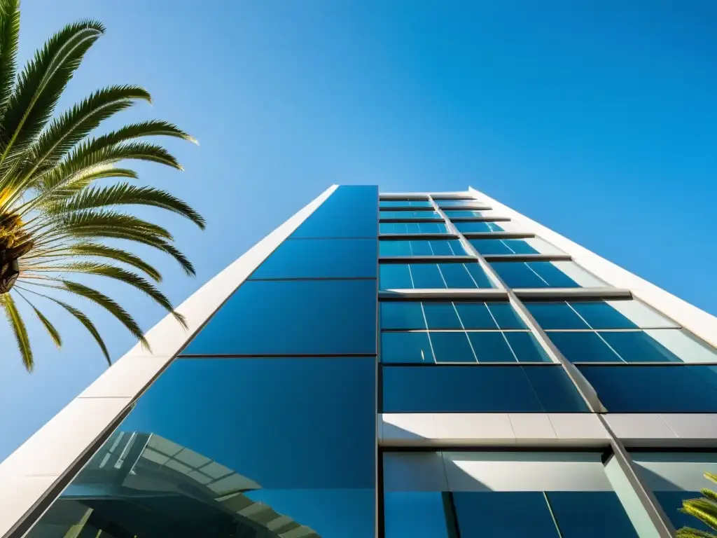 Edificio corporativo futurista: sofisticación y eficiencia Un edificio ultramoderno de cristal reflectante, resplandeciendo bajo el sol, con palmeras alineadas en la entrada