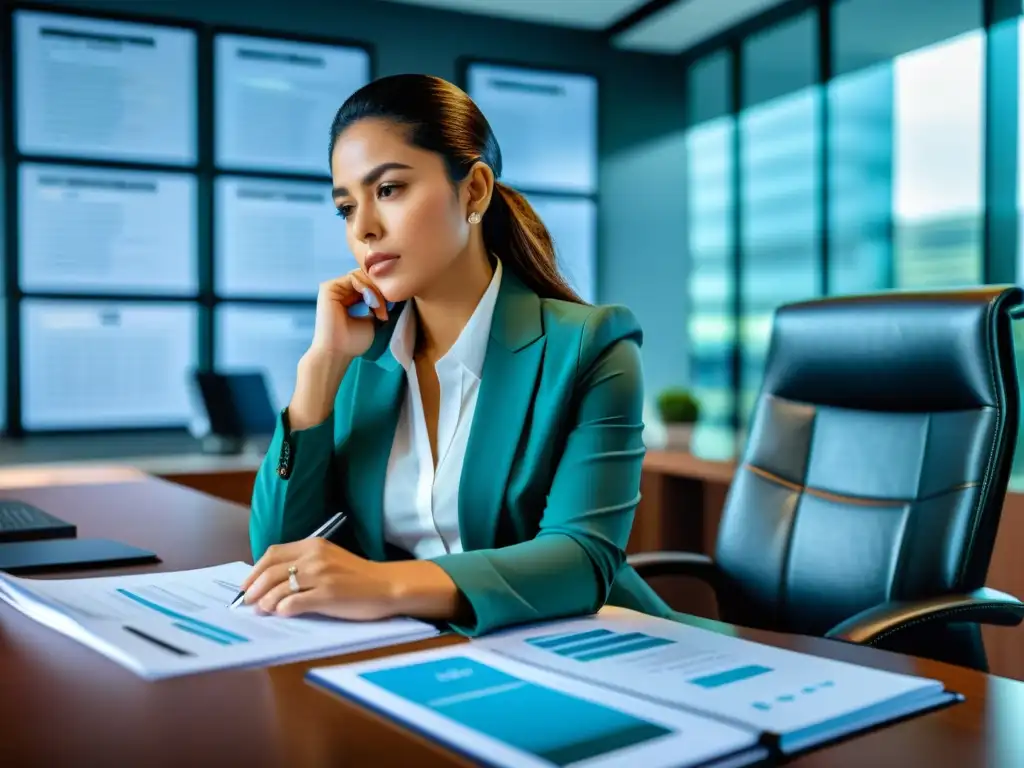 Experta colombiana analiza gestión del IVA en oficina moderna Una ejecutiva colombiana revisando documentos financieros y gráficos en una oficina moderna