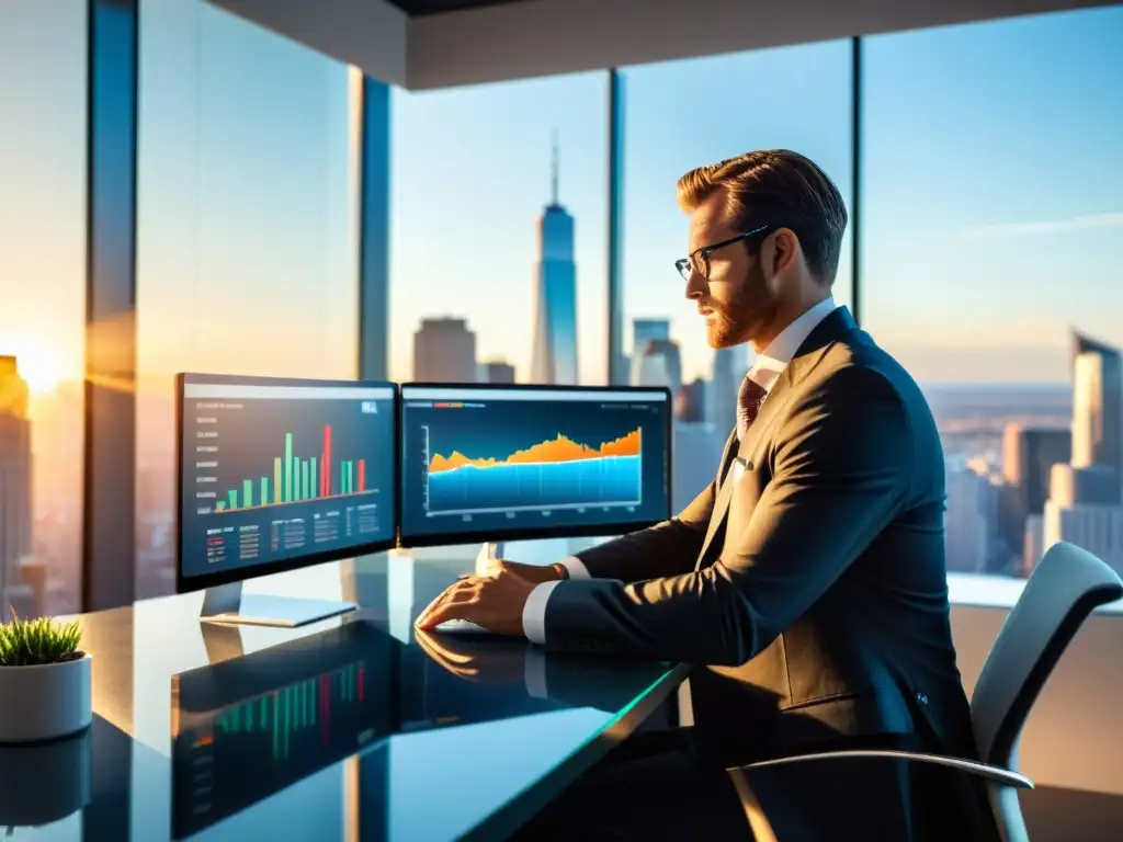 Análisis financiero en oficina moderna con vista a la ciudad Un ejecutivo analiza informe financiero en moderna oficina con software gestión tributaria para decisiones, iluminada por luz natural