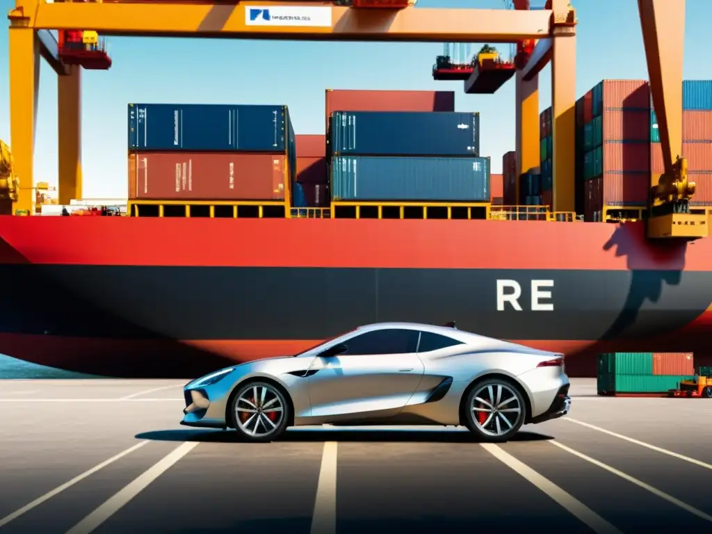 Desembarque impactante: Coche moderno en puerto Un elegante auto moderno siendo descargado de un barco en un concurrido puerto, resaltando la importancia de las implicaciones fiscales en la importación y venta de vehículos