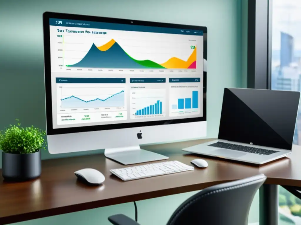 Oficina moderna con software de gestión fiscal personalizado Un elegante escritorio de oficina con un software de gestión tributaria personalizado en la pantalla del ordenador, iluminado por luz natural