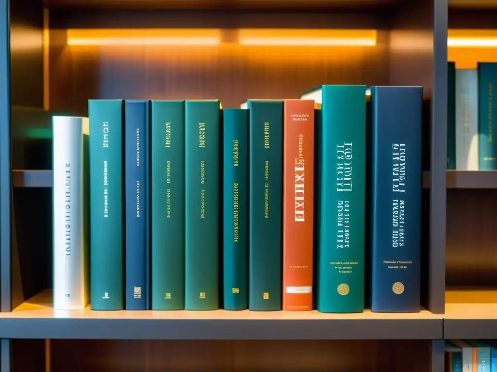 Estantería de libros de ley fiscal: la esencia en 5 títulos Una elegante estantería llena de los mejores libros de derecho tributario, resplandeciendo en una oficina minimalista con iluminación cálida