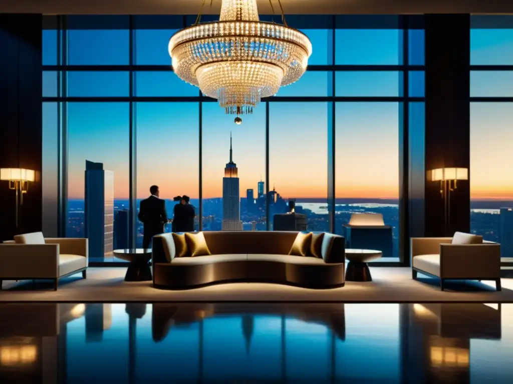Lujoso lobby de hotel con moderna decoración y vistas impresionantes Un elegante lobby de hotel con decoración moderna y un impresionante skyline urbano