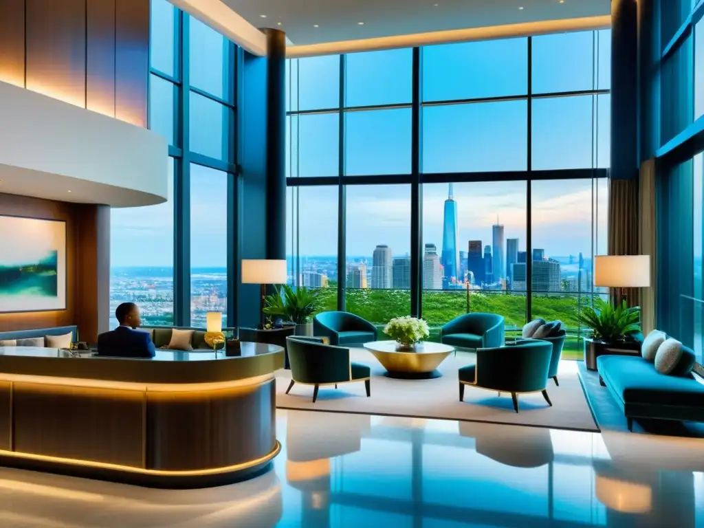 Hotel de lujo: lobby moderno con arte contemporáneo y vistas impresionantes Un elegante lobby de hotel con decoración moderna, mostrando un mostrador de check-in, zonas de estar y ventanas con vista a la ciudad