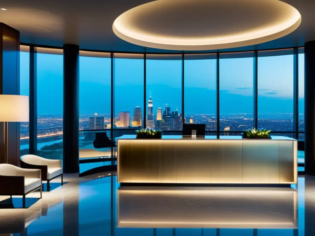 Recepción de hotel moderna y elegante con vistas urbanas Un elegante lobby de hotel moderno con mobiliario minimalista, suelo de mármol y ventanales con vista a la ciudad