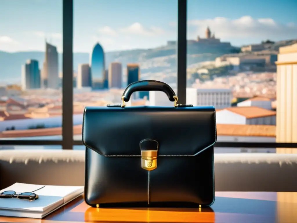 Maletín de lujo con grabados españoles en oficina elegante Una elegante maletín con grabados inspirados en España, frente a una oficina contemporánea con vistas panorámicas a la ciudad
