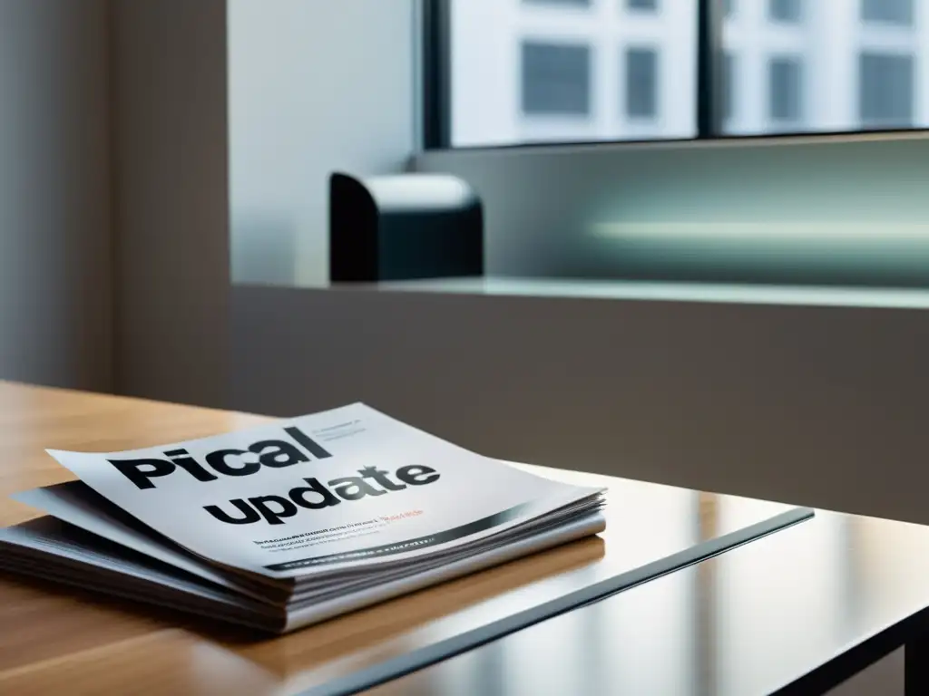 Escritorio de oficina moderno con revistas profesionales Una elegante oficina con las mejores revistas actualización fiscal 2023, bañada en luz natural y con un ambiente profesional y sofisticado