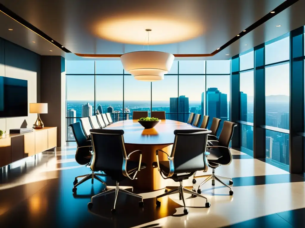 Sala de juntas corporativa moderna con profesionales estratégicos Una elegante sala de juntas corporativa con profesionales discutiendo beneficios y estrategias de impuestos diferidos
