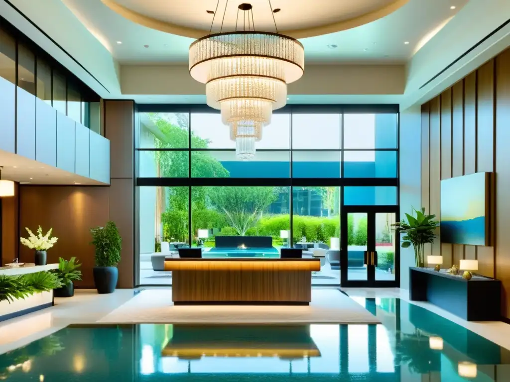Lobby de hotel de lujo: elegancia y sofisticación Un elegante vestíbulo de hotel con mobiliario de diseño, una impresionante lámpara y luz natural