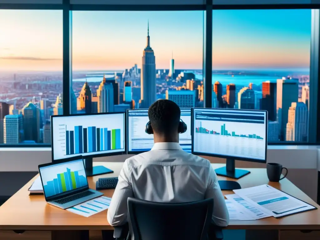 Emprendedor digital abrumado por regulaciones fiscales Un emprendedor digital se siente abrumado por las regulaciones fiscales mientras navega por documentos financieros