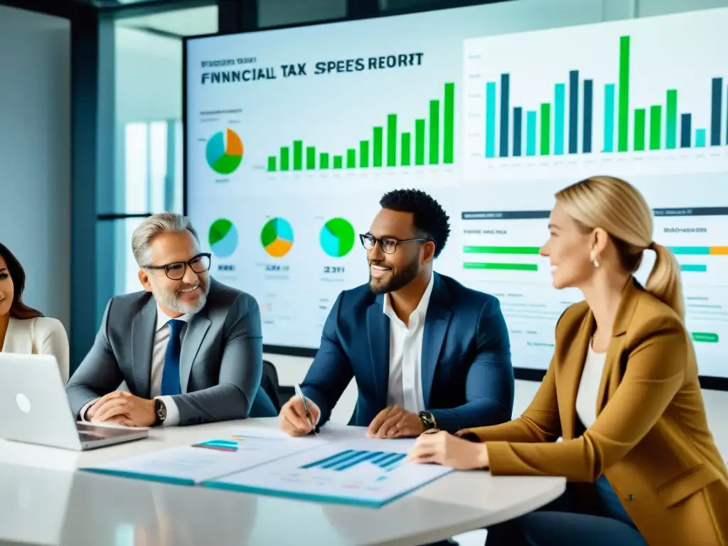 Empresarios colombianos debatiendo estrategias fiscales en oficina moderna Emprendedores colombianos discuten desafíos carga tributaria PYMES