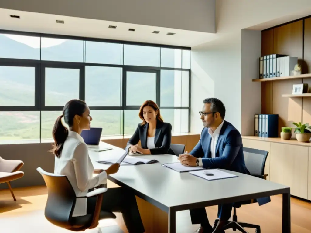 Empresarios colombianos debaten impuestos en oficina moderna Emprendedores colombianos enfrentan desafíos de carga tributaria en una oficina moderna llena de luz natural