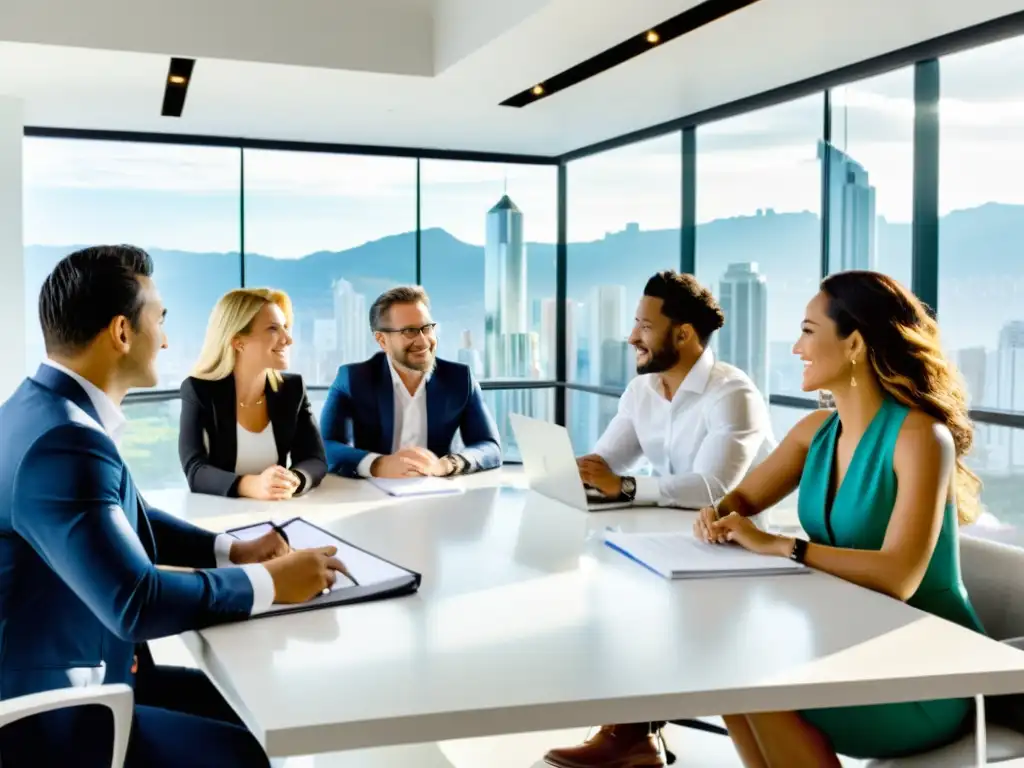 Emprendedores colombianos en una reunión empresarial Emprendedores colombianos discuten estrategias de fiscalidad internacional en una oficina moderna con vista a la ciudad