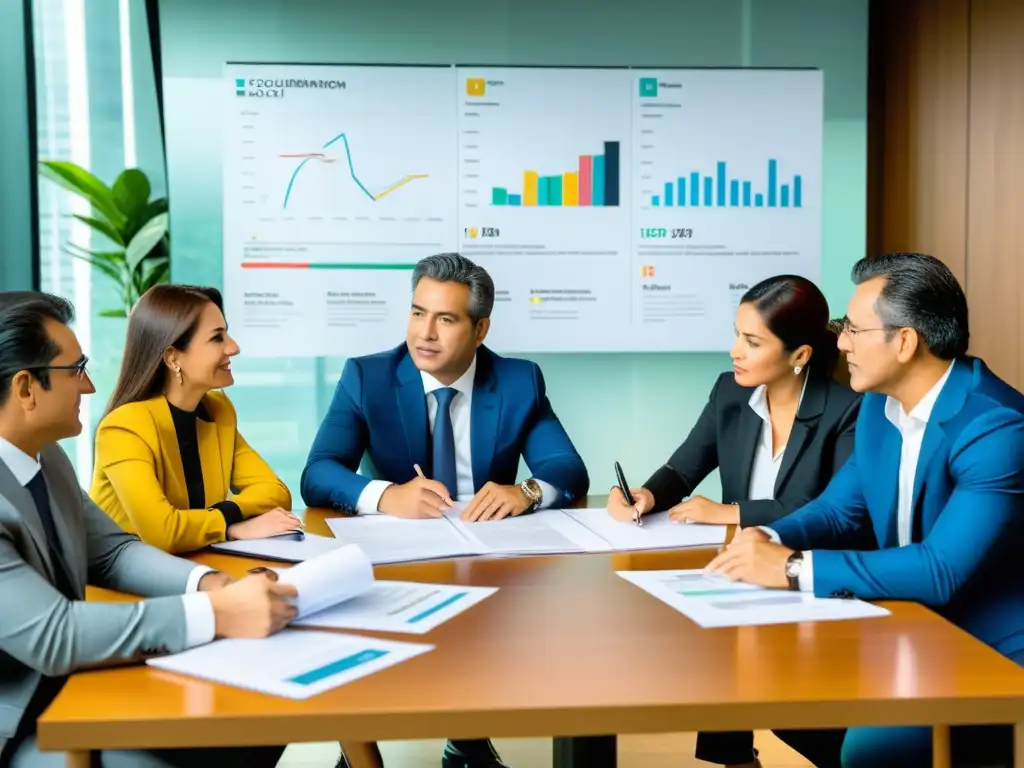 Emprendedores colombianos resolviendo desafíos fiscales internacionales Emprendedores colombianos debatiendo sobre fiscalidad internacional, rodeados de gráficos y documentos, en un ambiente profesional y vanguardista