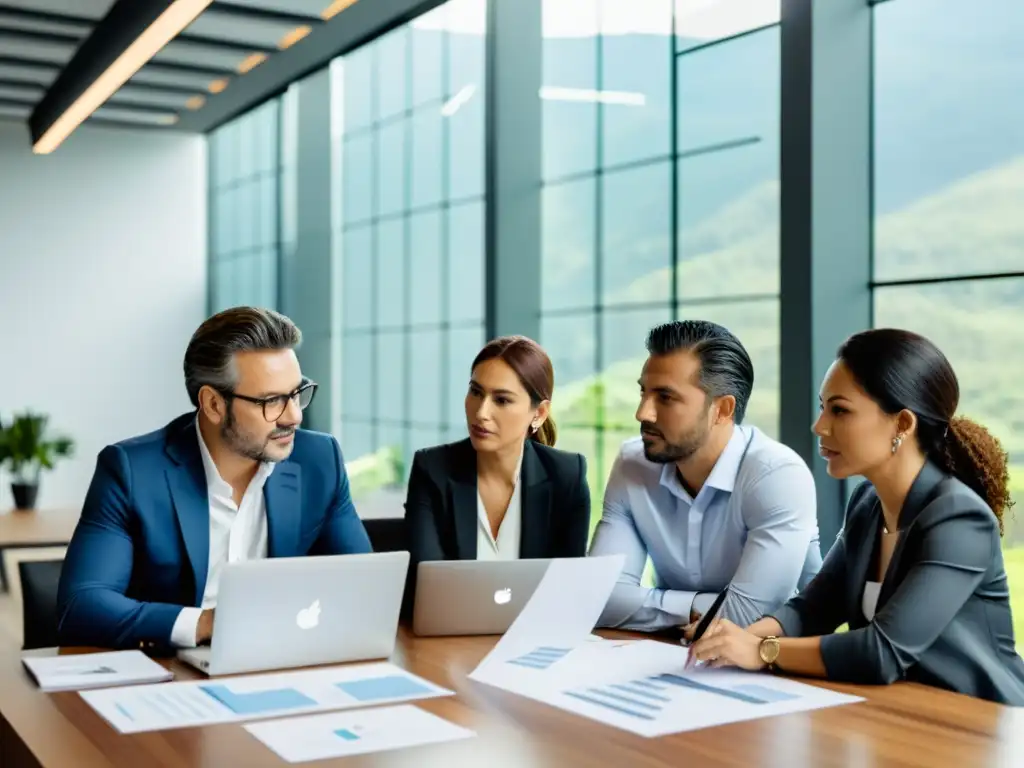 Planificación Fiscal Internacional: Emprendedores Colombianos en Acción Emprendedores colombianos discuten fiscalidad internacional en una oficina moderna y luminosa