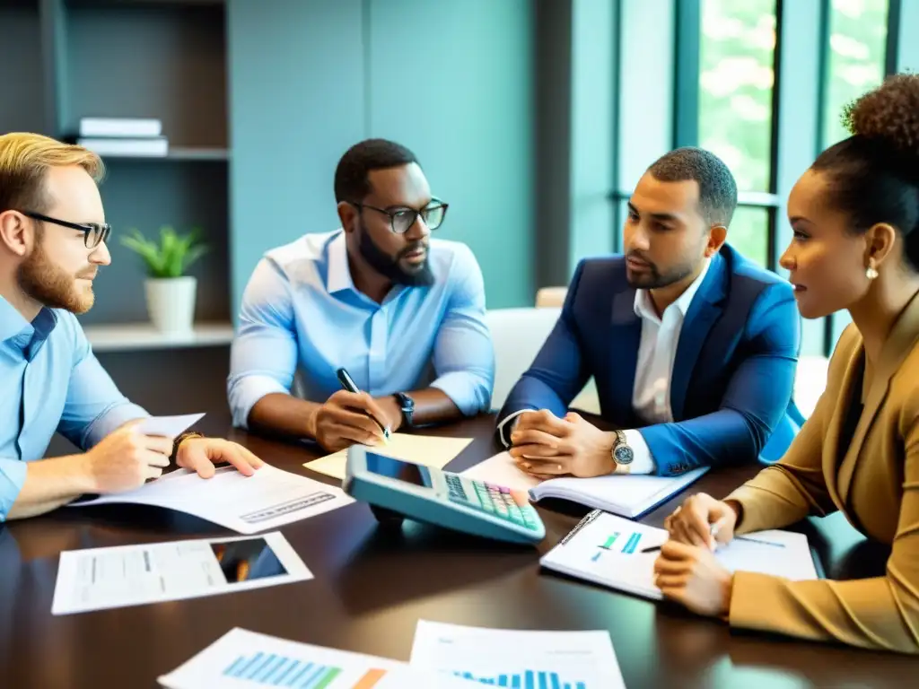 Emprendedores debatiendo documentos financieros y obligaciones fiscales Emprendedores discuten documentos financieros, mostrando determinación en el derecho tributario para emprendedores
