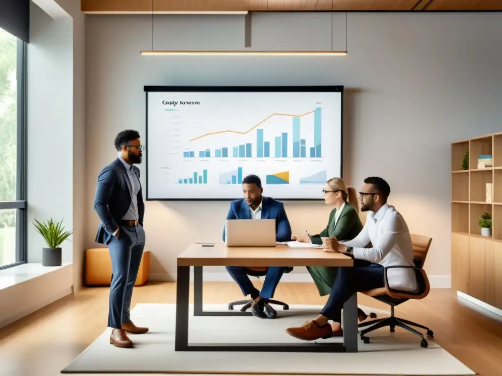 Reunión de emprendedores analizando datos financieros Emprendedores analizan documentos financieros y gráficos en una oficina moderna