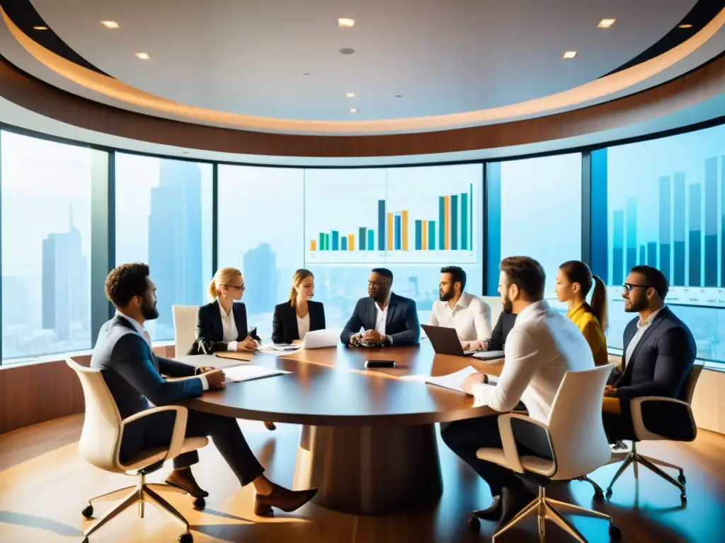 Reunión de Emprendedores y Expertos Financieros: Estrategias y Colaboración Emprendedores y expertos financieros colaborando en una sala moderna, proyectando gráficos