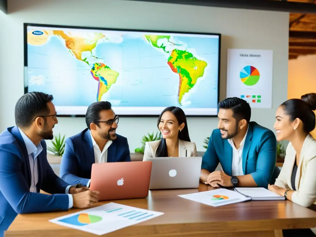 Emprendedores mexicanos planeando expansión global Emprendedores mexicanos planificando fiscalidad para PYMES en comercio internacional en una sala llena de luz y energía