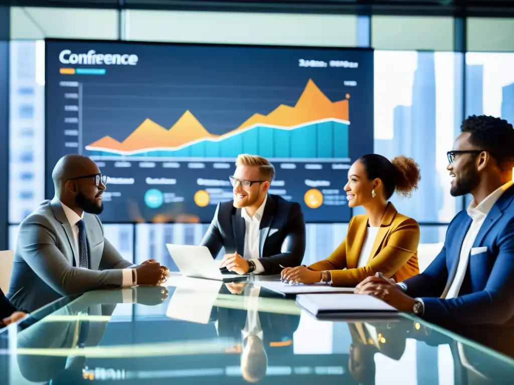Emprendedores en reunión estratégica: diversidad y determinación Emprendedores colaborando en una moderna sala de reuniones, analizando gráficos financieros