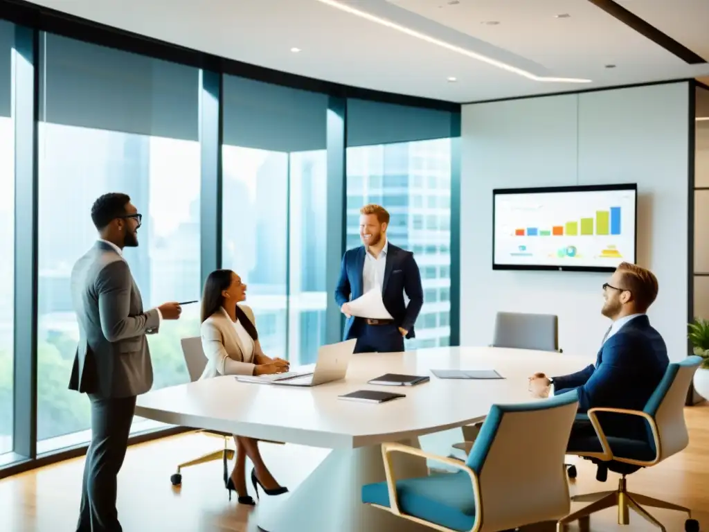 Equipo profesional en oficina moderna analizando documentos financieros Emprendedores preparando respuesta efectiva auditorías fiscales con estrategia y confianza en oficina moderna iluminada