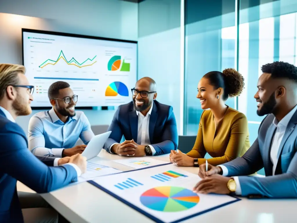 Equipo de emprendedores en sesión de estrategia financiera Emprendedores colaborando en sesión de estrategias financieras
