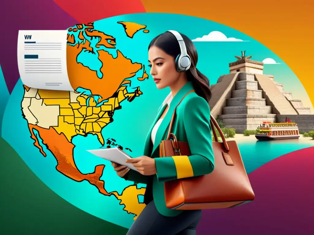 Desafíos fiscales digitales para exportadores mexicanos Empresa mexicana enfrentando retos fiscales en la economía digital global, con documentos financieros y rutas de comercio internacional