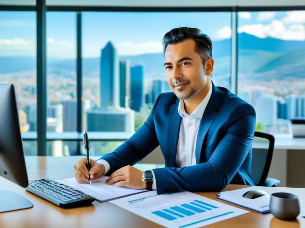 Empresario colombiano autoretenedor: eficiencia y profesionalismo Un empresario colombiano completando formularios fiscales en una oficina moderna con vista a la ciudad